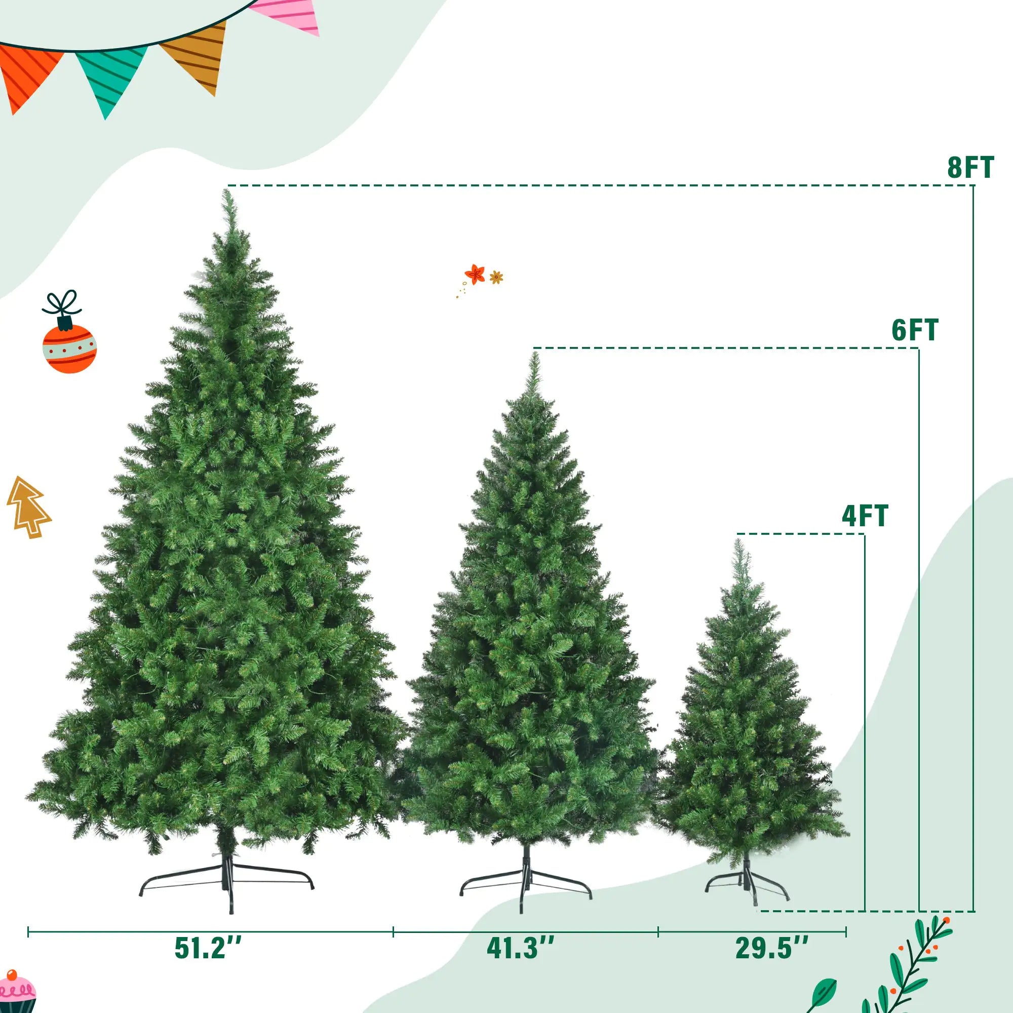 4ft / 6ft / 8ft Pre-Lit Green Pine Christmas Tree Set