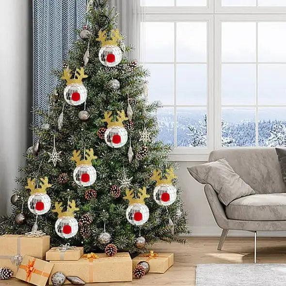 5PCS Silver Elk Horn Disco Balls Christmas Tree Ornaments