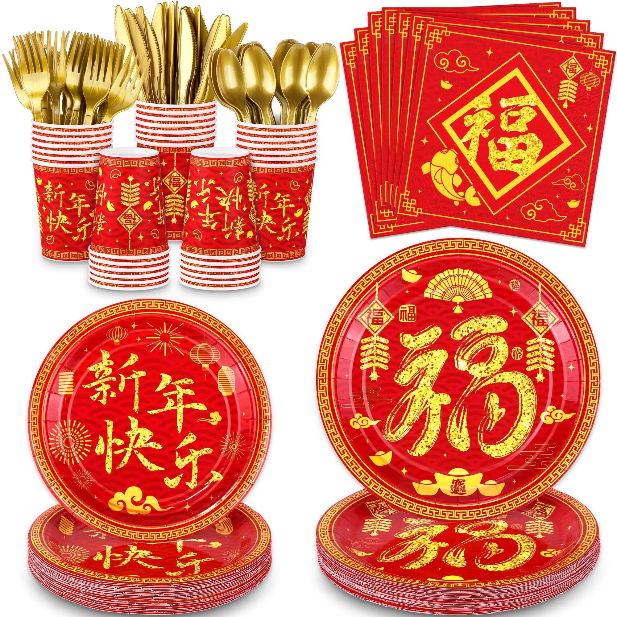 durony 168 Pcs Chinese New Year Party Tableware Set Happy 2025 Snake Spring Festival Eve Party Favors Dinnerware Paper Plates Napkins Cutlery Napkins for Party Supplies Decorations Serve 24 Guests