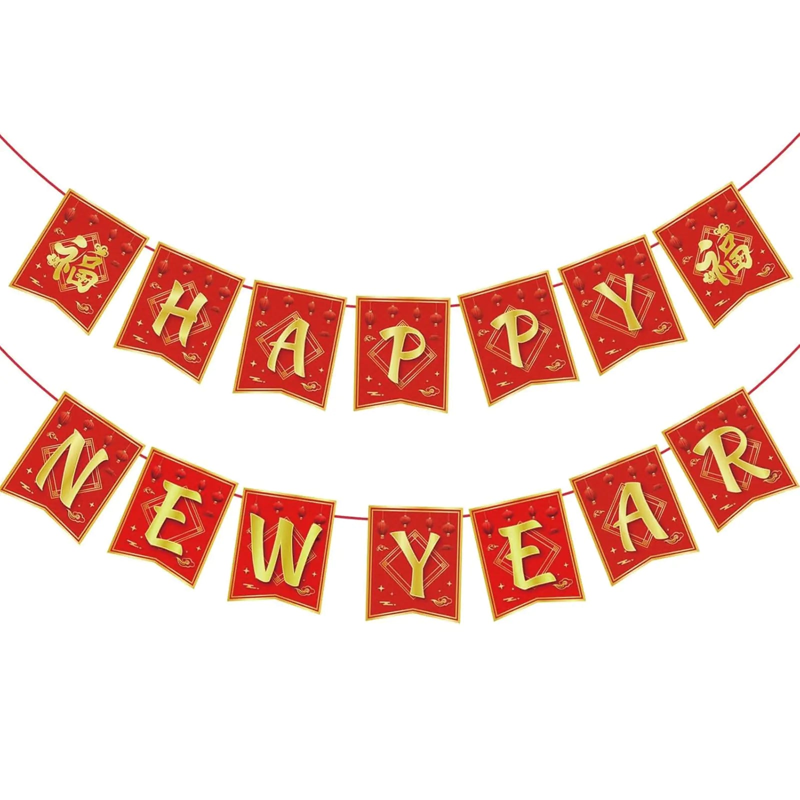 Chinese New Year Decorations 2025Red Gold 16.4Ft Happy Lunar New Year Banner New Year Decorations 2025 Spring Festival Flag Bunting Garland NYE Eve Party Decorations Backdrop Home Office Classroom