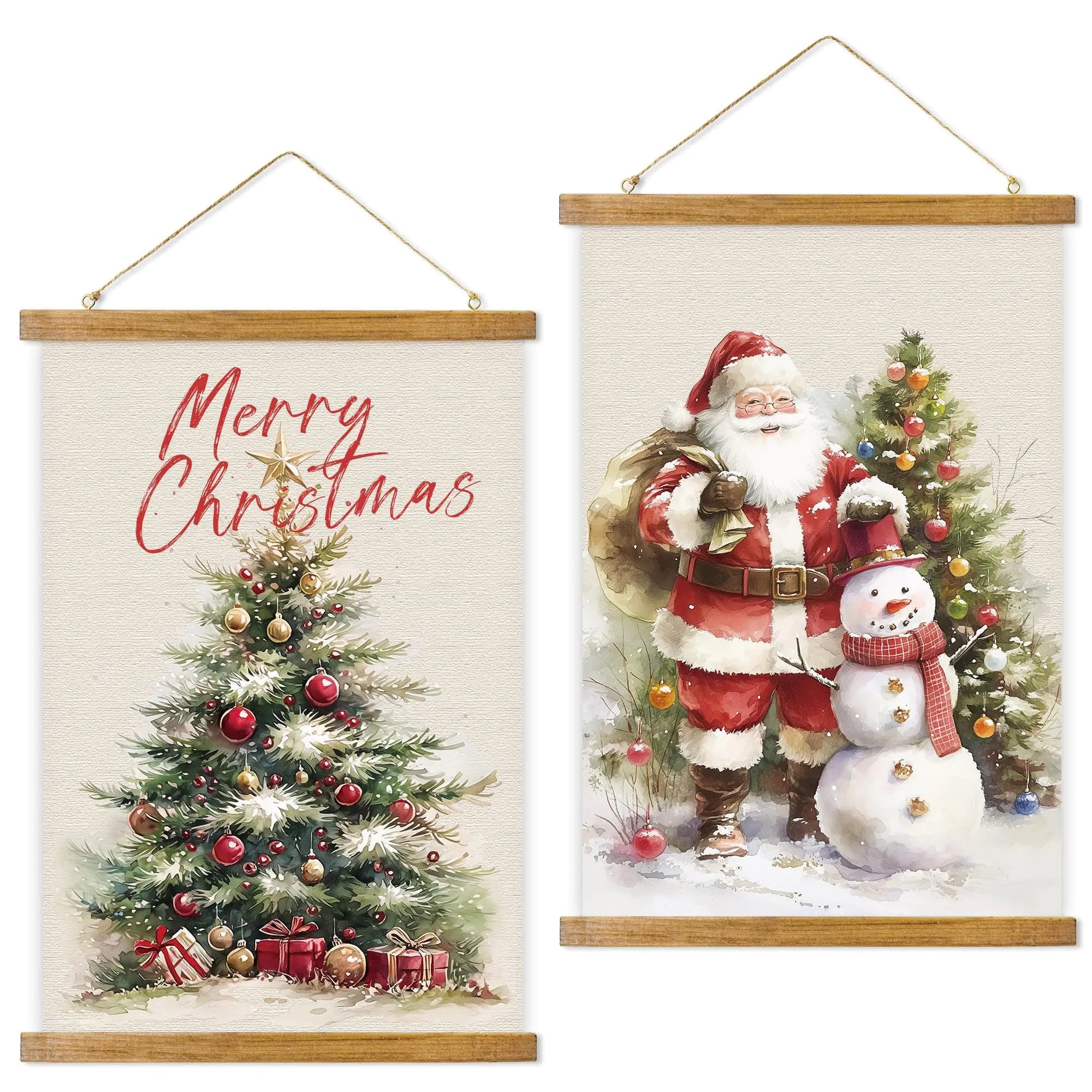 ABoby Merry Christmas Vintage Poster - Christmas Tree Santa Claus Snowman Wall Art - Christmas Wall Hanging Decorations with Wood Frames - Ready to Hang