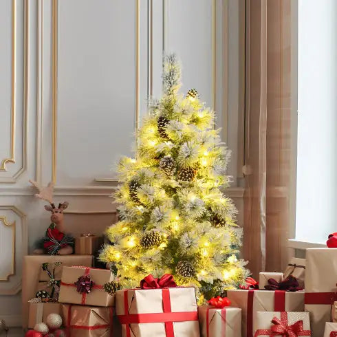 4FT Snow-Flocked Pre-Lit Spruce Christmas Tree with Pine Cones & Multi-Color LED Lights