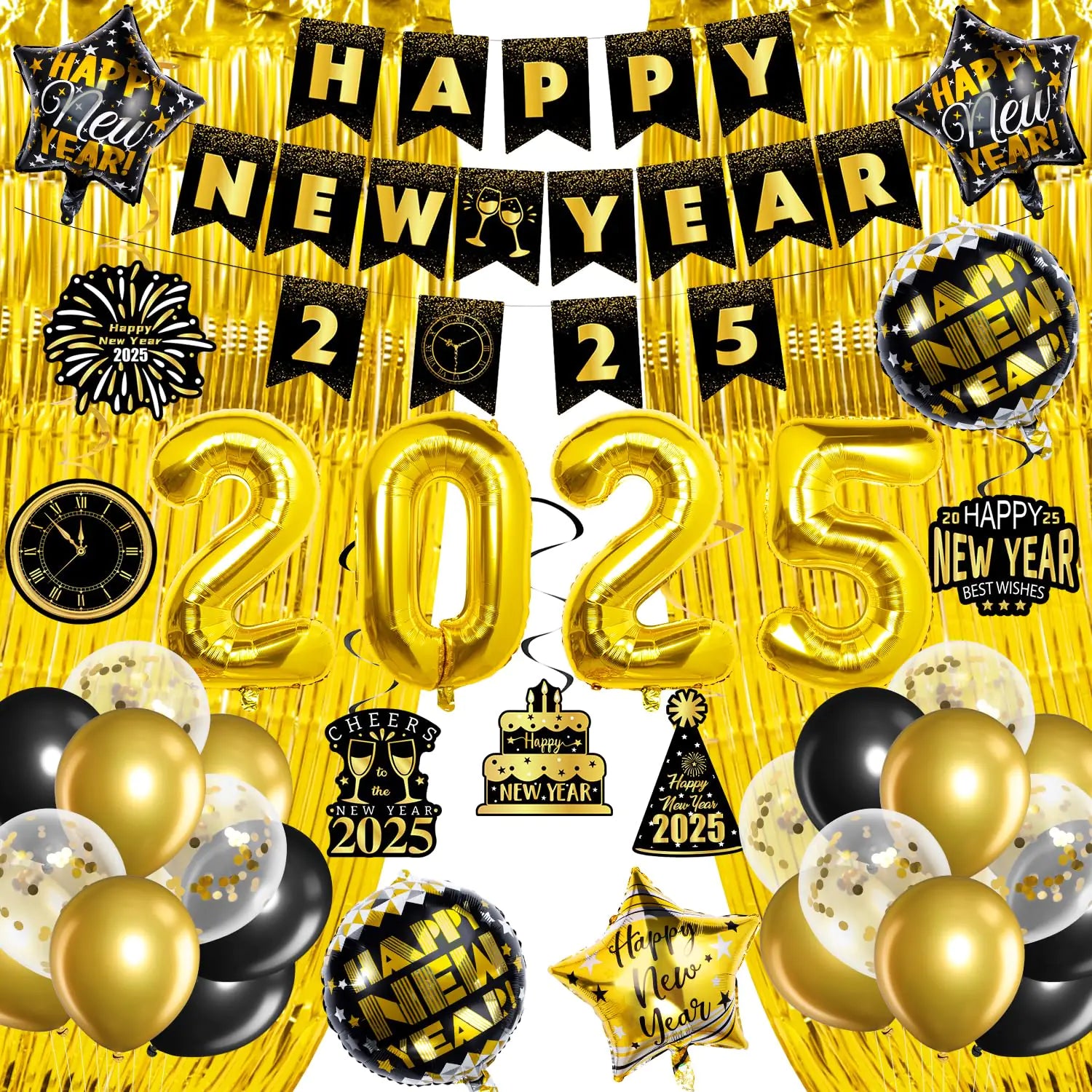 New Years Eve Party Supplies 2025 New Years Decorations 2025 Happy New Year 2025 Decorations Kit New Year Banner Foil Balloons Gold Foil Curtain Backdrop for New Year Eve Party