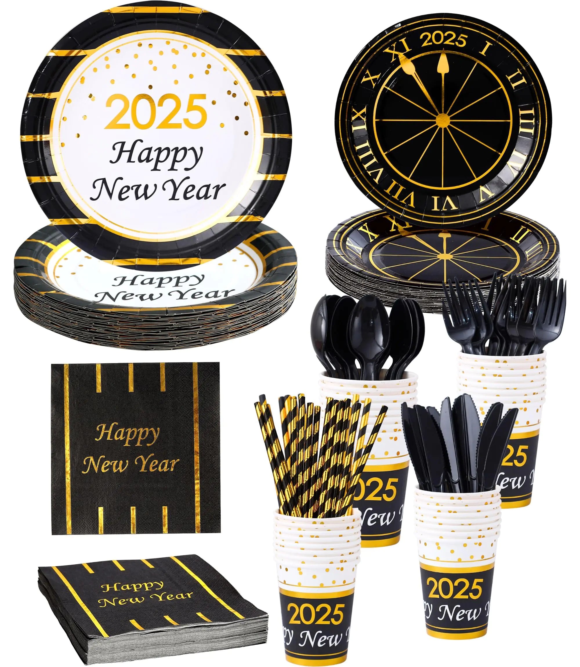 New Year Plates and Napkins Party Supplies 2025 - Serves 16 - Includes Happy New Year Plates and Napkins Cups Cutlery Straws for New Year Party Decorations Décor New Year Eve Party Favors Party Kit