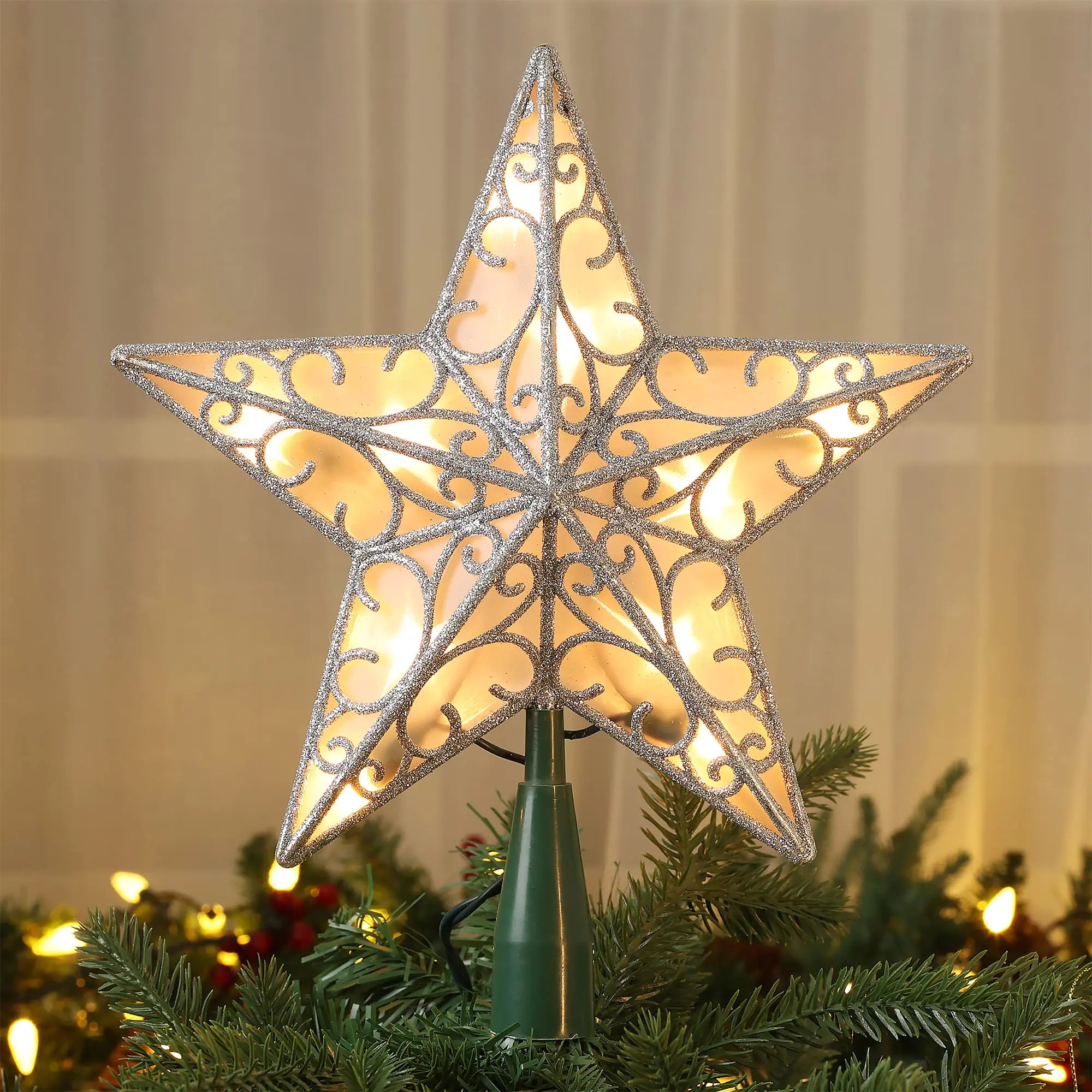 Brizled Silver Glitter Star Topper with Lights