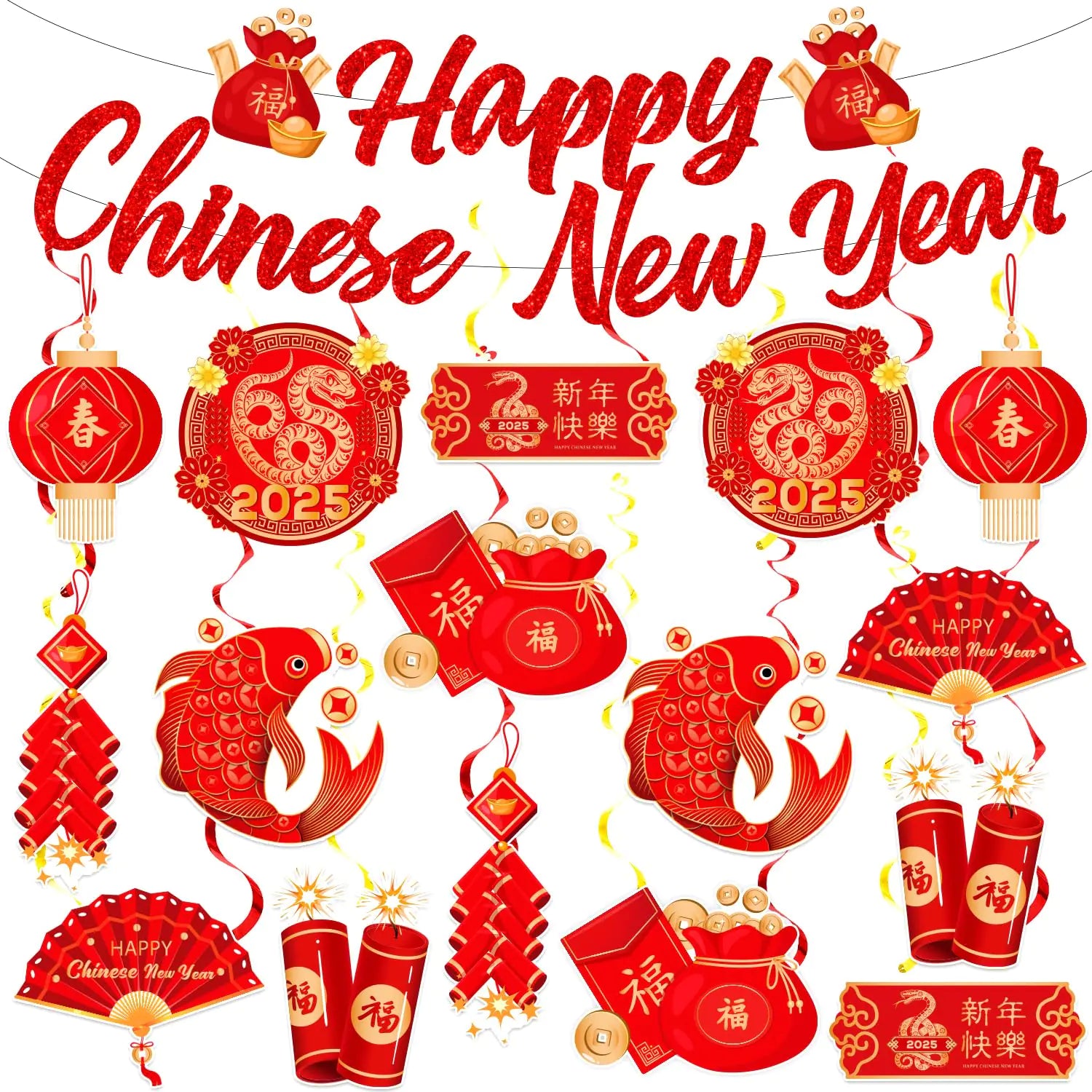 LARRAZABAL Chinese New Year Decorations 2025 Lunar Chinese New Year Decorations Include Chinese New Year Banners and Hanging Swirls for Home Office Chinese New Year 2025 Party Supplies