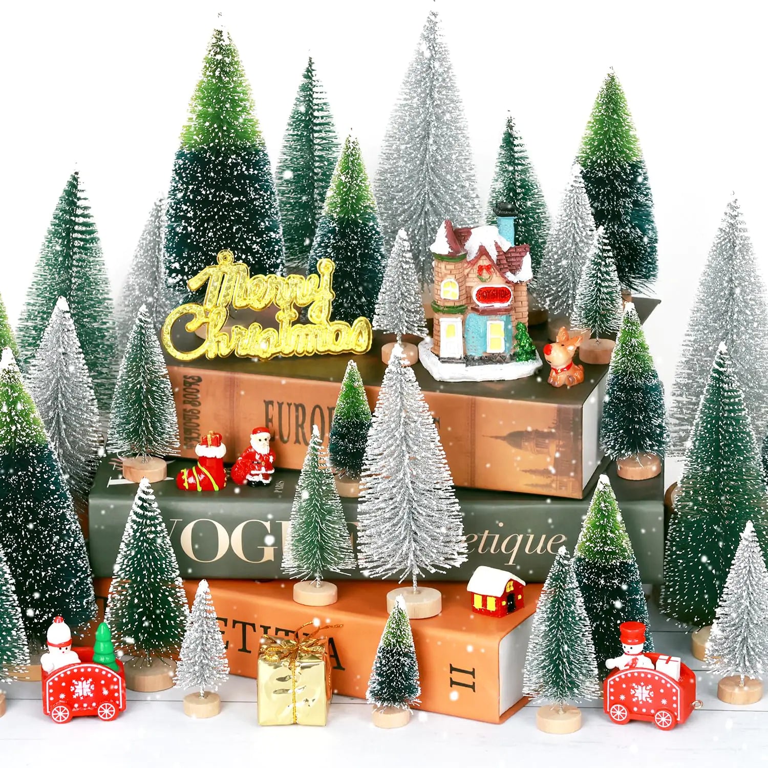 30Pcs Mini Frosted Christmas Tree Set with Wooden Bases