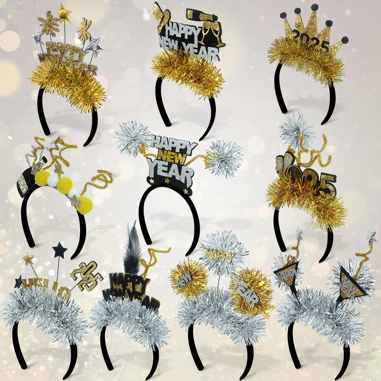 Mega-L 10Pcs New Year Headband 2025 Happy New Year Party Supplies Party Favors New Year Headwear for Adult Women Glitter New Year Photo Booth Props Holiday Headwear for Happy New Year Party 2025