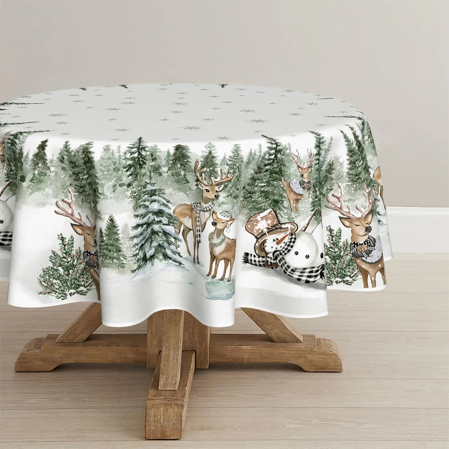 Snowscape Round Tablecloth 60-Inch - Deer & Trees