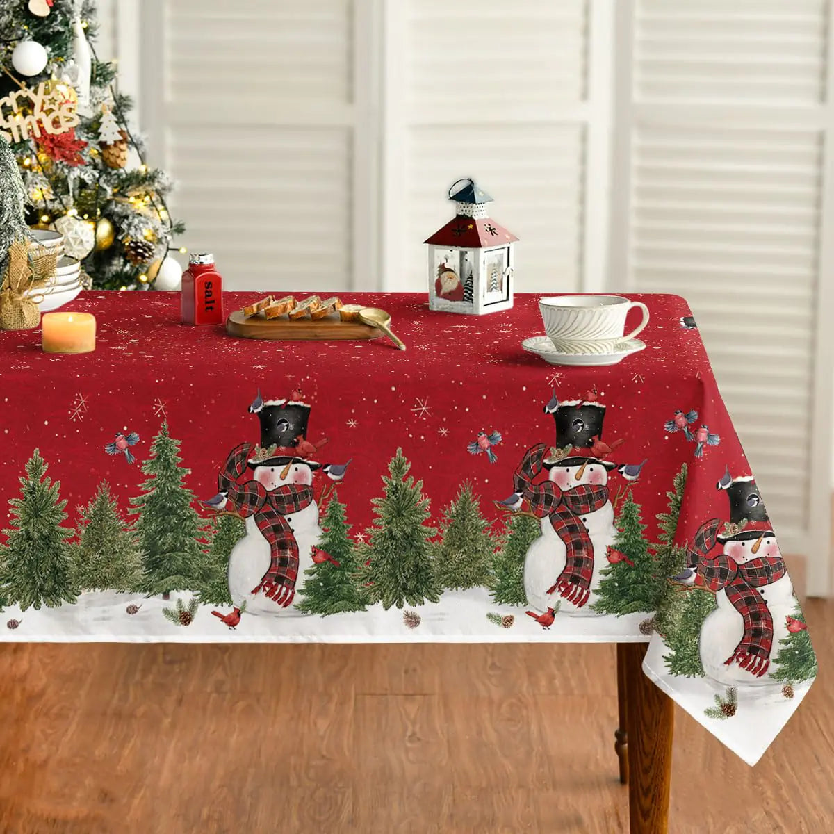 SnowGleam Winter Tablecloth 60x60 - Festive Snowman and Trees