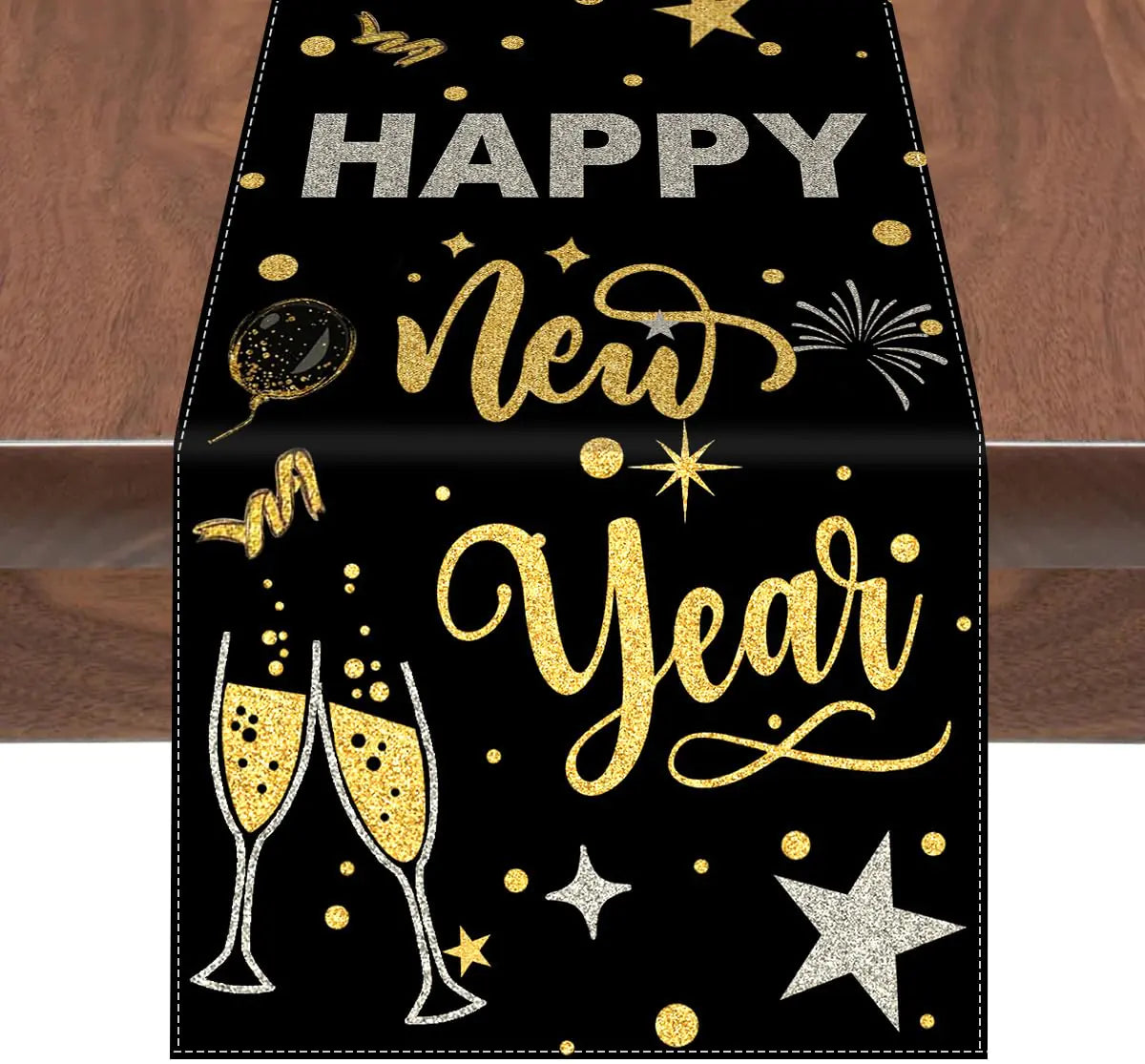 Cheers Firework Ribbon 2025 Happy New Year Table Runner Black and Gold Festival Kitchen Dining Table Decoration for Home Party Decor 13x72 Inch