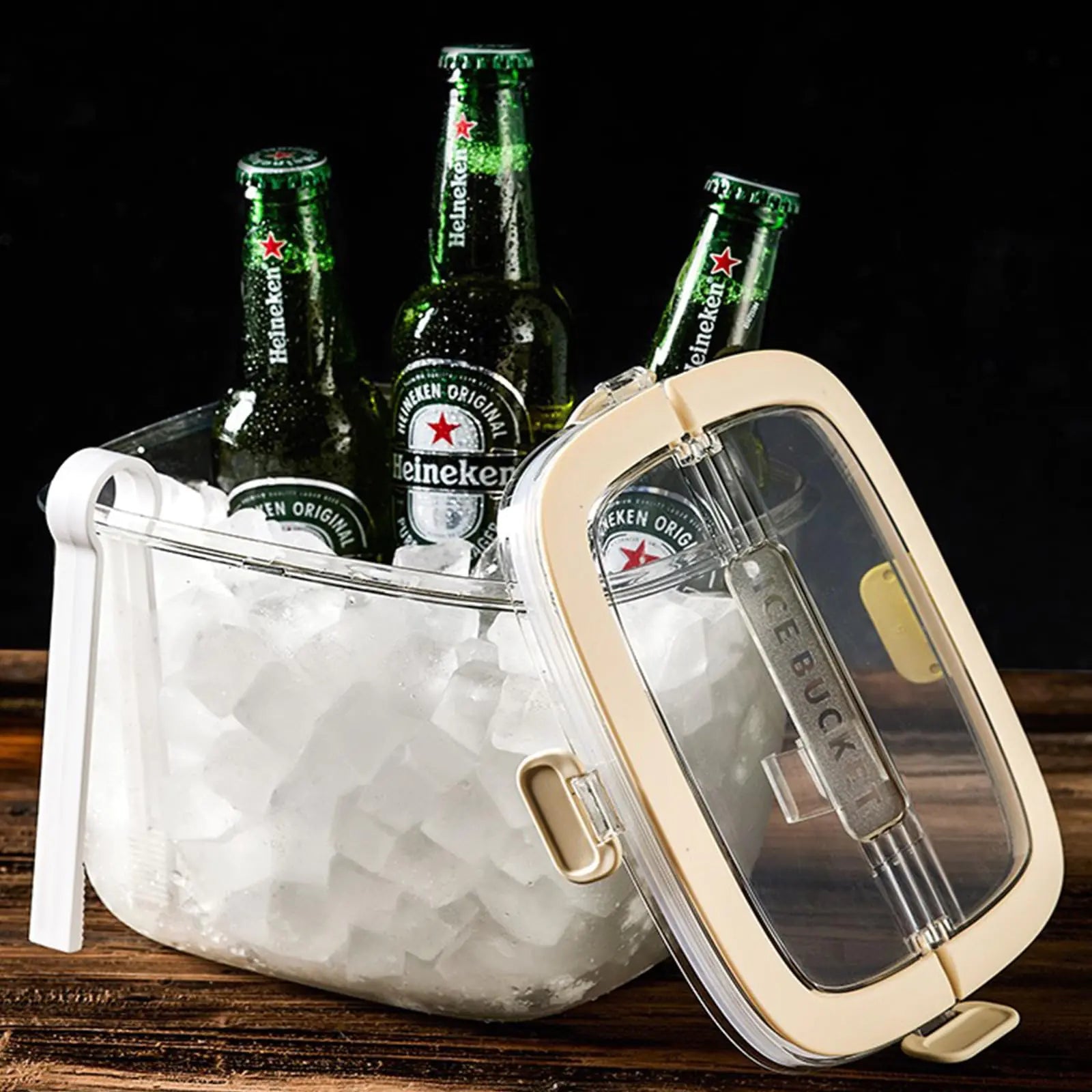 Siuper Clear Ice Bucket for Freezer with Lid & Ice Tong for Outdoor Plastic Refrigerator Ice Cube Storage Bin for Whiskey Wine Champagne Cocktail Party Bar Big Ice Cube Mold for Ice Bath Yellow