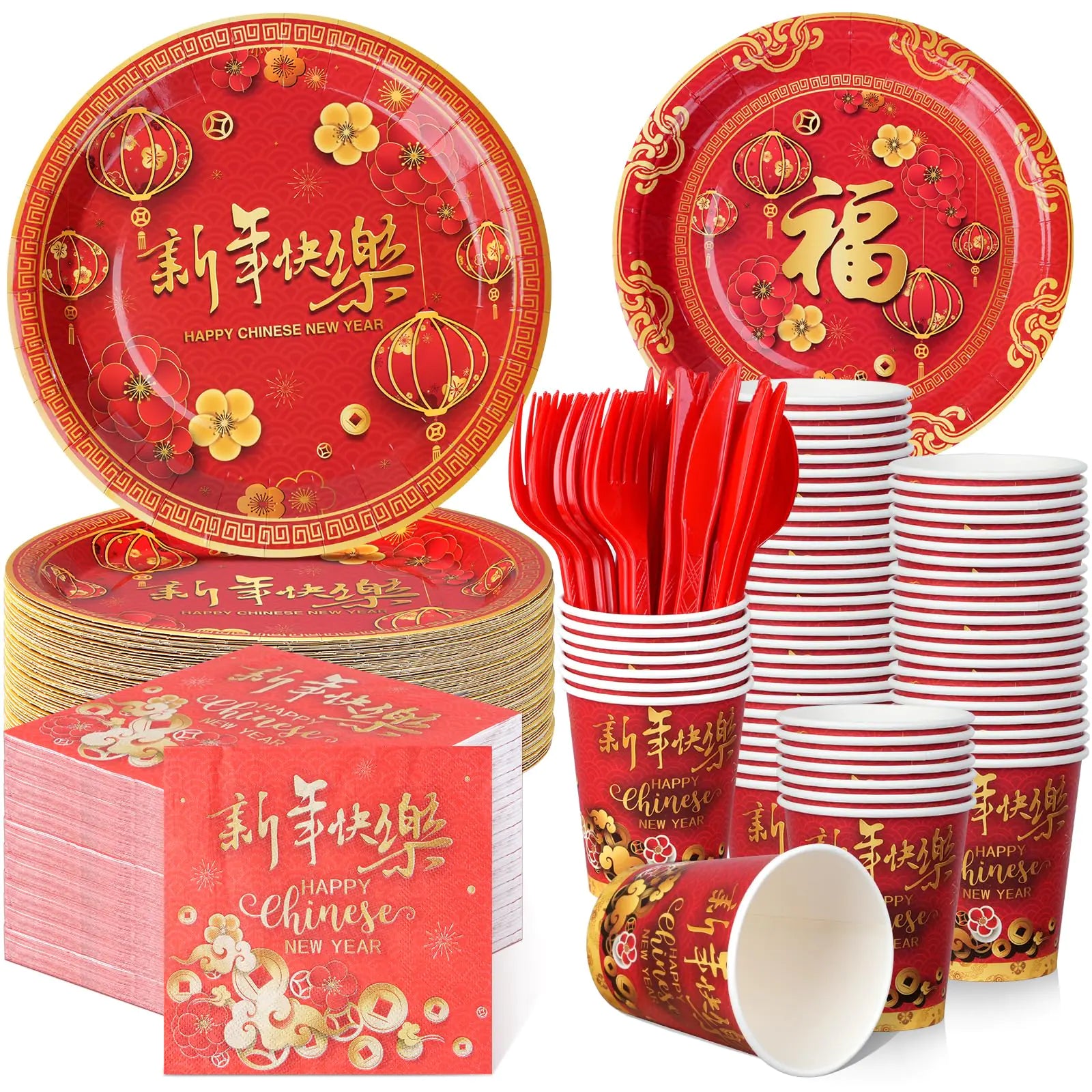 175pcs Chinese New Year Paper Plates and Napkins Set Disposable 2025 Happy New Year Party Plates Dinnerware for Chinese Lunar Snake Year Spring Festival Party Decorations and Supplies 25Set