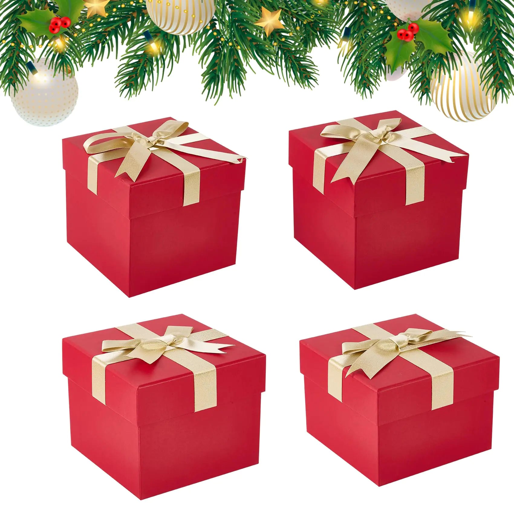 Festive Red Gift Boxes with Ribbons 4Pack
