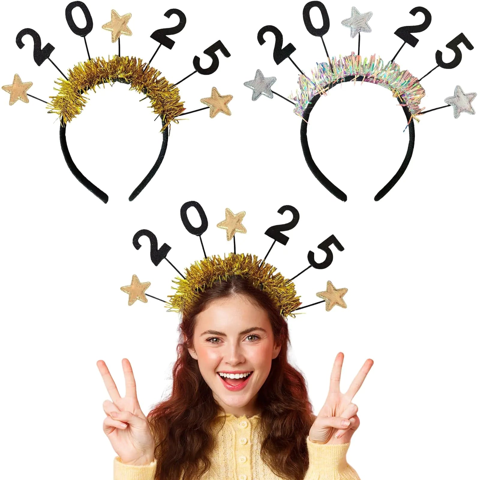 Happy New Year Headbands Tiara for Women - 2 Pack Glitter & Gold Party Crown - Adjustable Adult Girl Celebration Accessories - Photo Prop NYE Party Supplies (Silver & Gold)