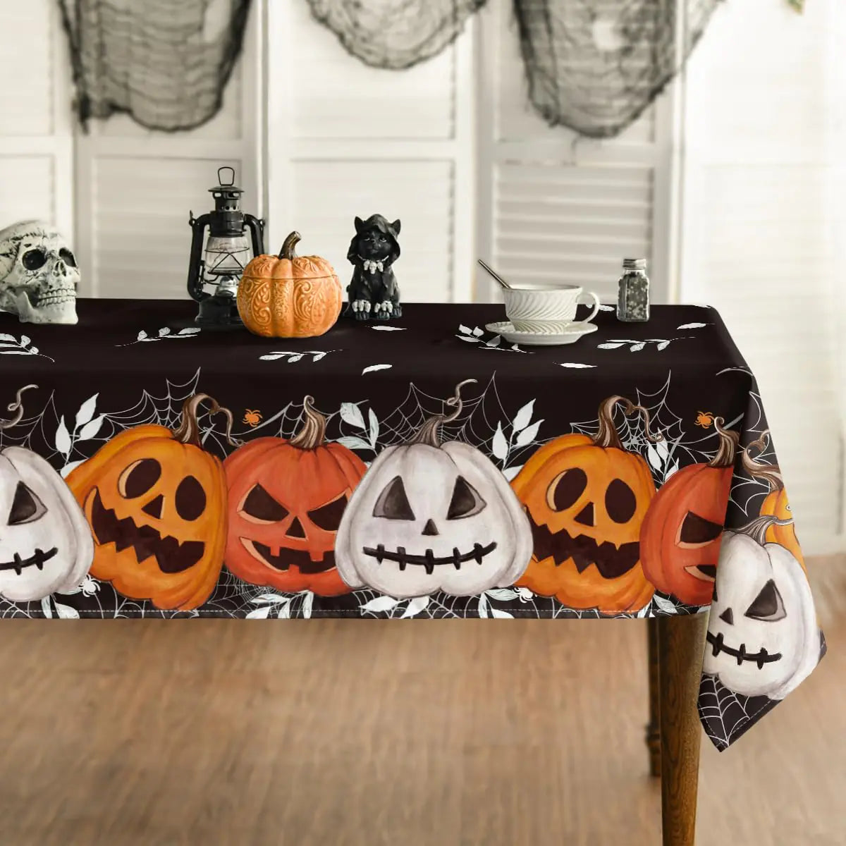 Horaldaily Halloween Tablecloth 60×104" – Black & Orange Pumpkin Cobweb Table Cover