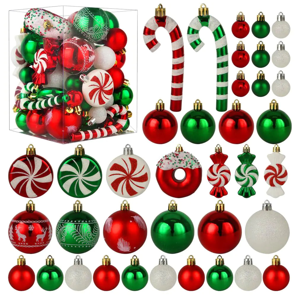 Christmas Tree Ornaments Green Red White Set of 60 Pack