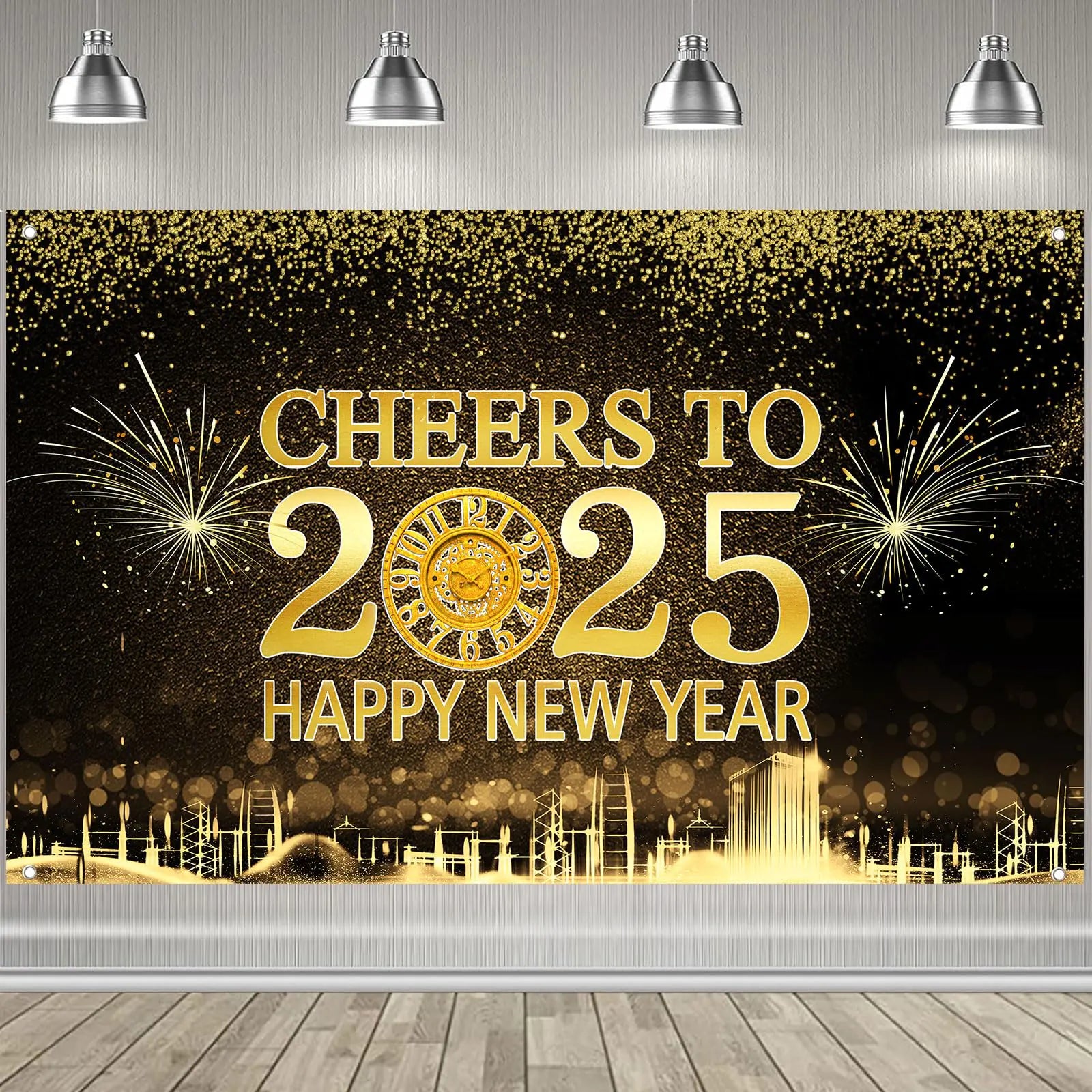 Fecedy Cheers to 2025 Happy New Year Hanging Extra Large Fabric Sign Poster Background Photo Props Banner with Star Fireworks Pattern for New Year Party Decorations 43.3"x70.8"