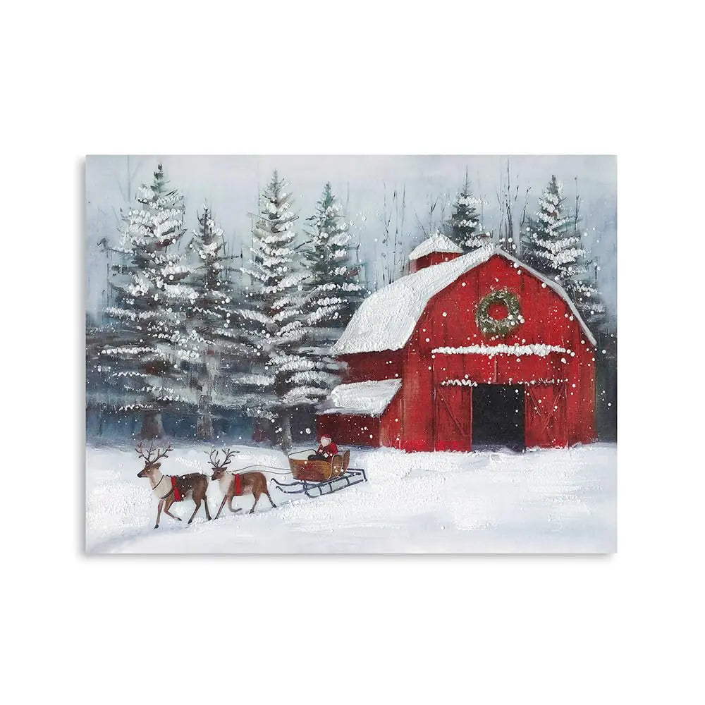 Winter Christmas Santa Wall Art – Red Barn & Reindeer Canvas Print Farmhouse Décor 12"x16"