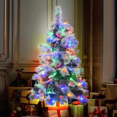 4FT Snow-Flocked Pre-Lit Spruce Christmas Tree with Pine Cones & Multi-Color LED Lights