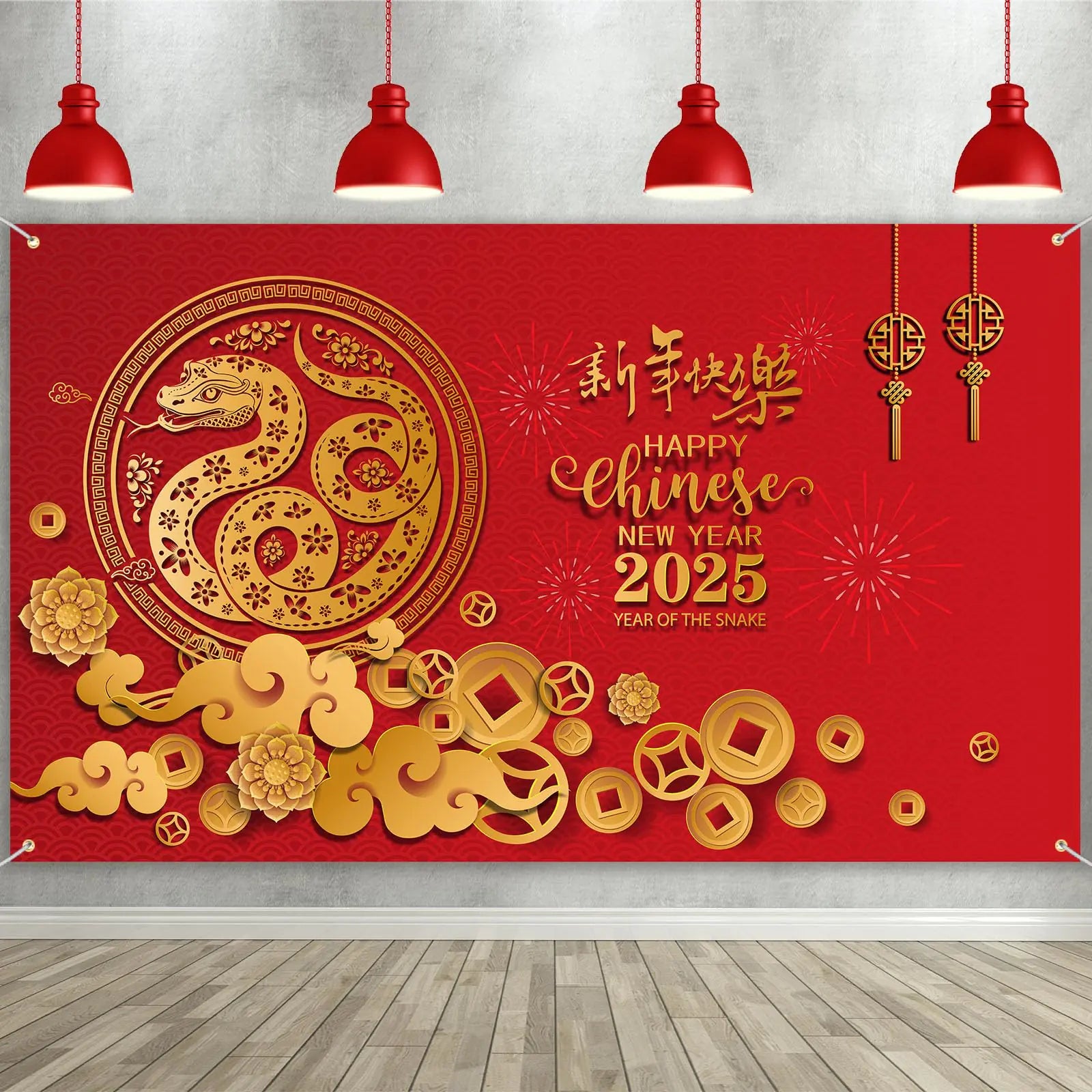Sumind 72.8" x 43.3" Large Chinese New Year Decoration Backdrop 2025 Lunar New Year Banner Decoration Year of The Snake Happy New Year Party Background Banner for Holiday Spring Festival Party