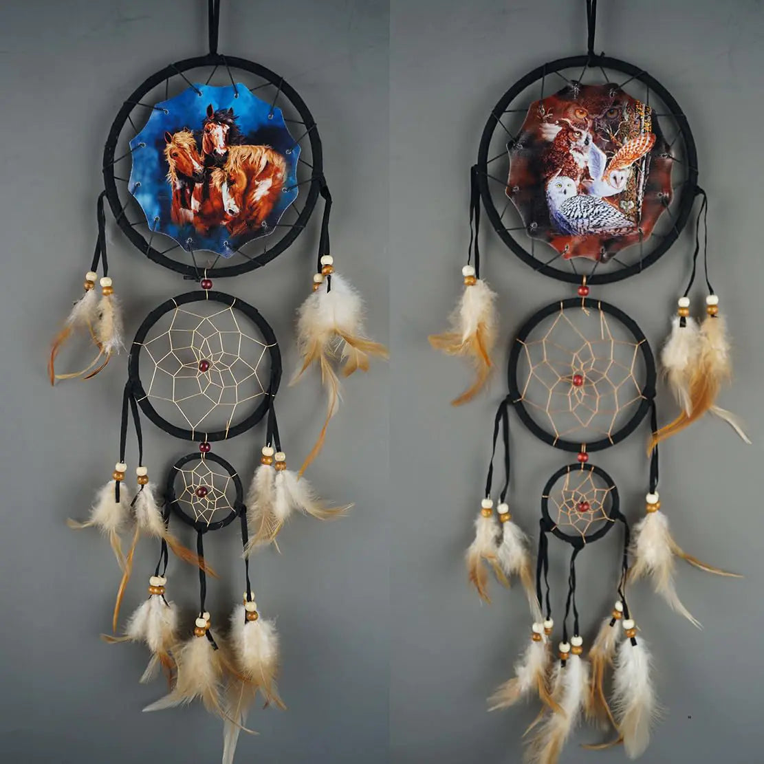 2PCS/Set Horse Owl Dream Catcher Bedroom Wall Decor Christmas Home Decoration Room Accessory White Moon Feather Decoration - Unique Home Craft Wall Pendant (DC09 Set 2 Horse Owl)