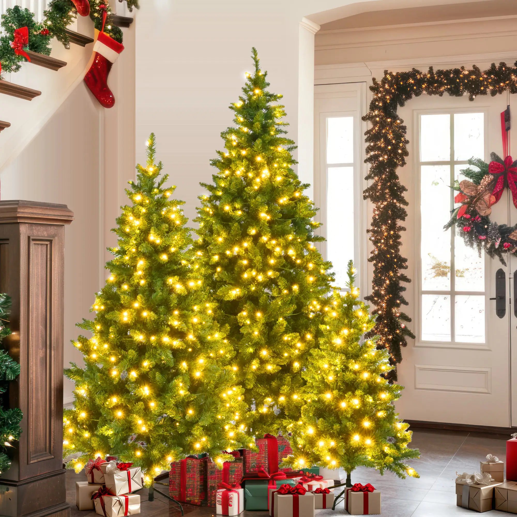 4ft / 6ft / 8ft Pre-Lit Green Pine Christmas Tree Set